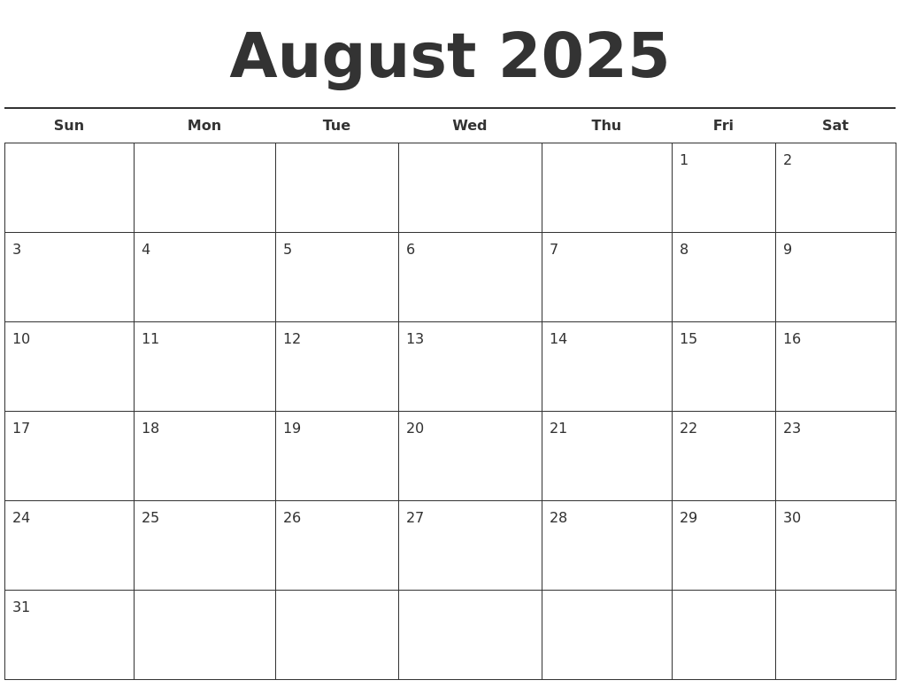 August 2025 Free Calendar Template