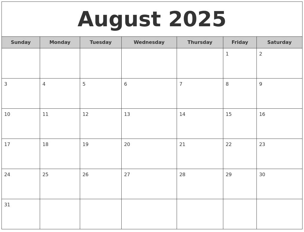 August 2025 Free Monthly Calendar