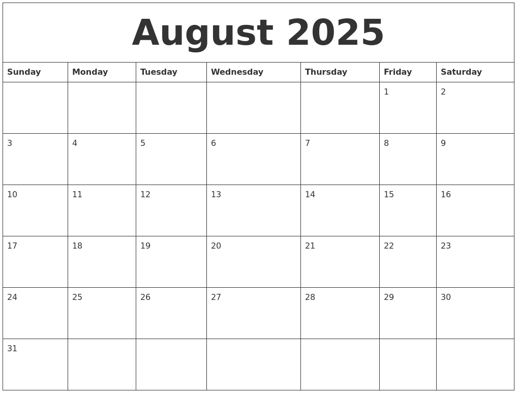 August 2025 Free Printable Monthly Calendar