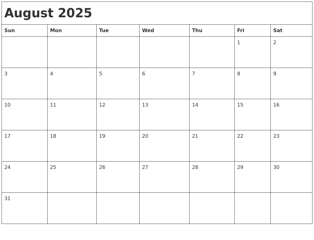 August 2025 Month Calendar