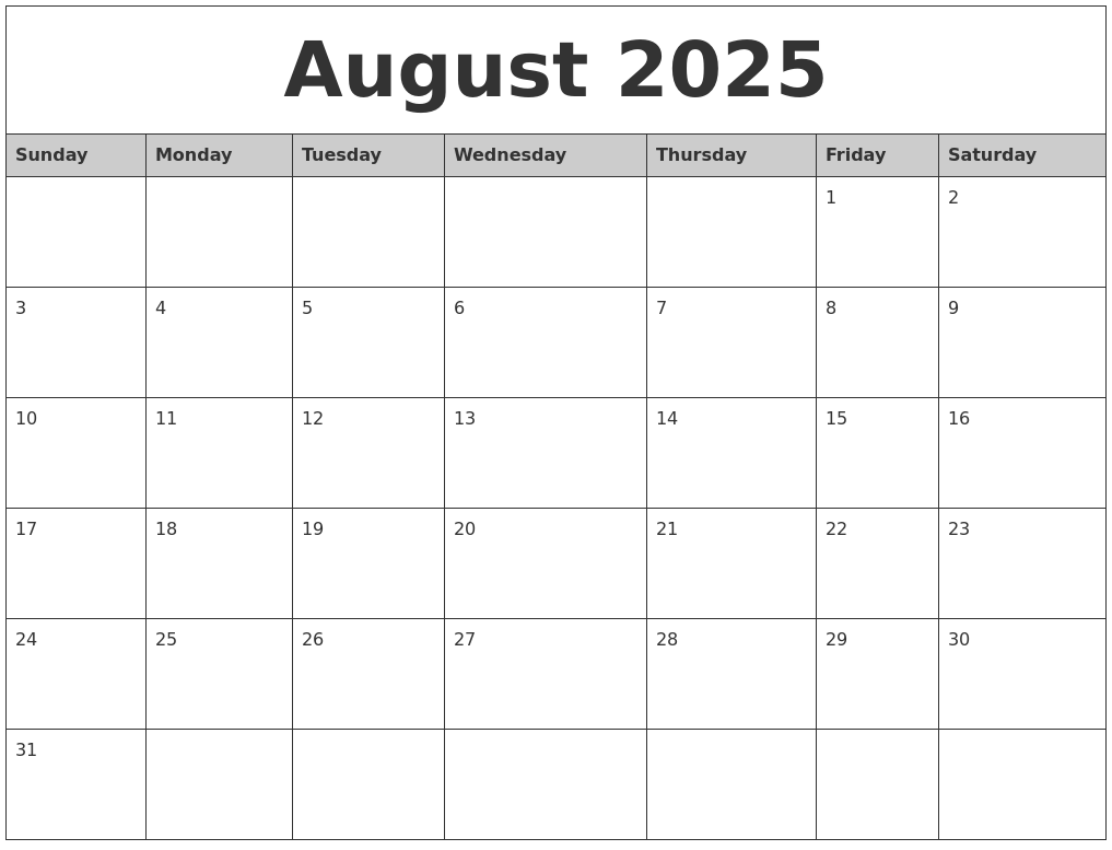 August 2025 Monthly Calendar Printable