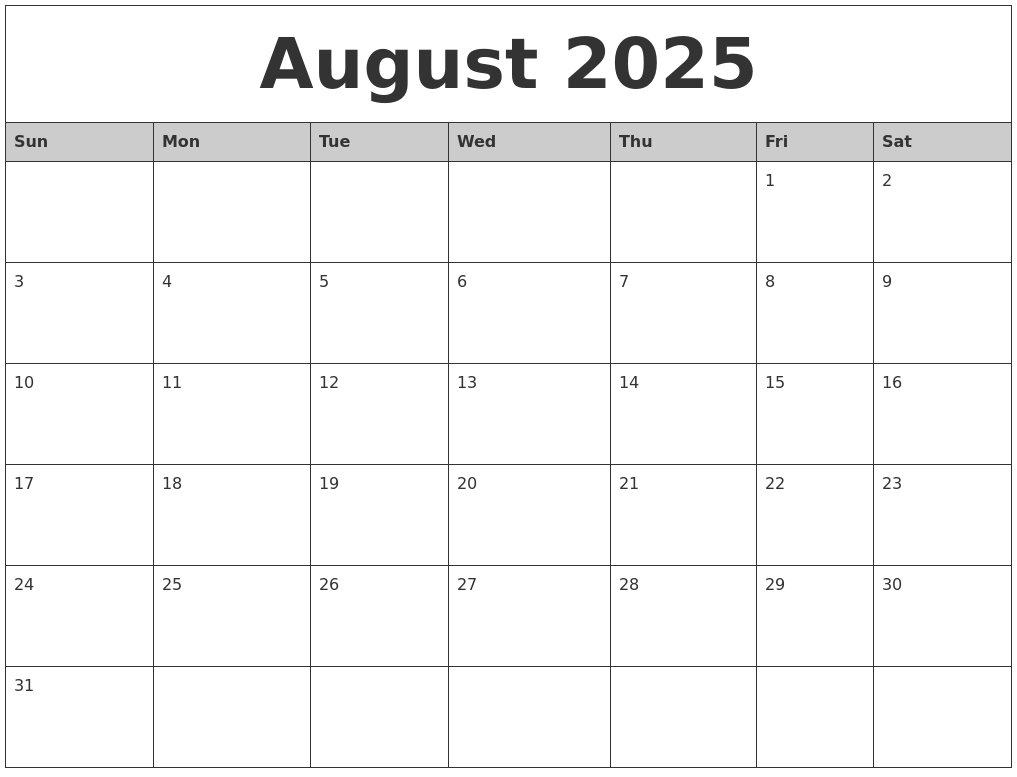 August 2025 Monthly Calendar Printable