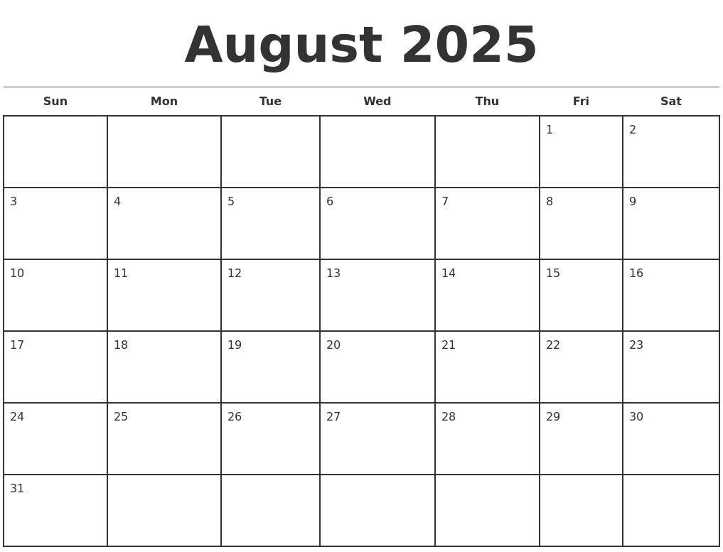 August 2025 Monthly Calendar Template