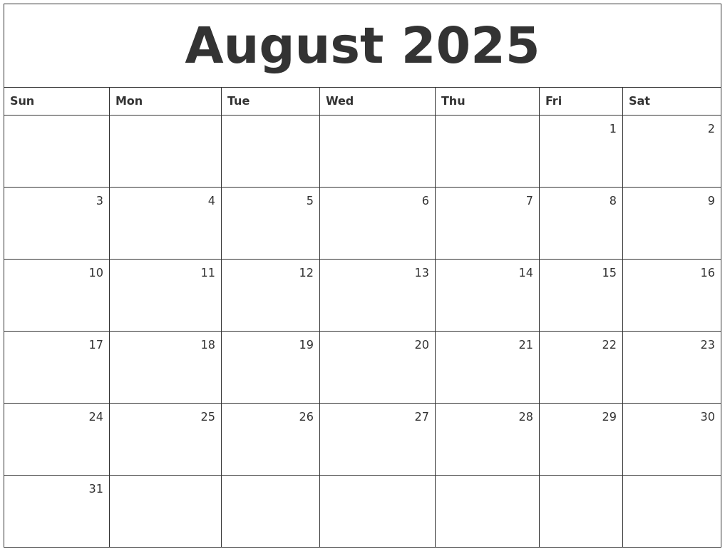 August 2025 Monthly Calendar