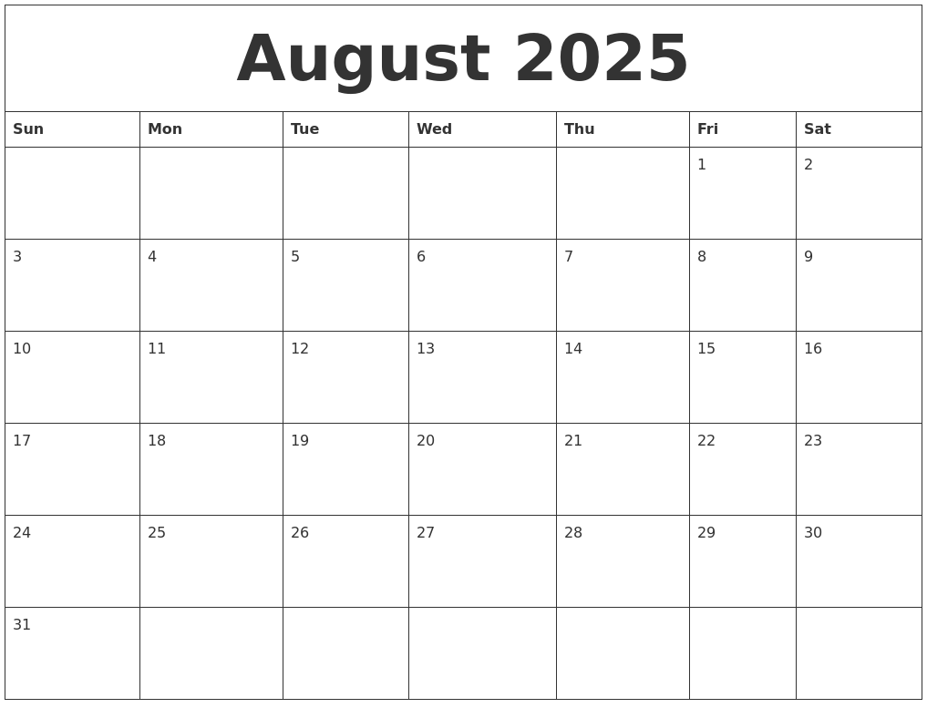 August 2025 Monthly Printable Calendar