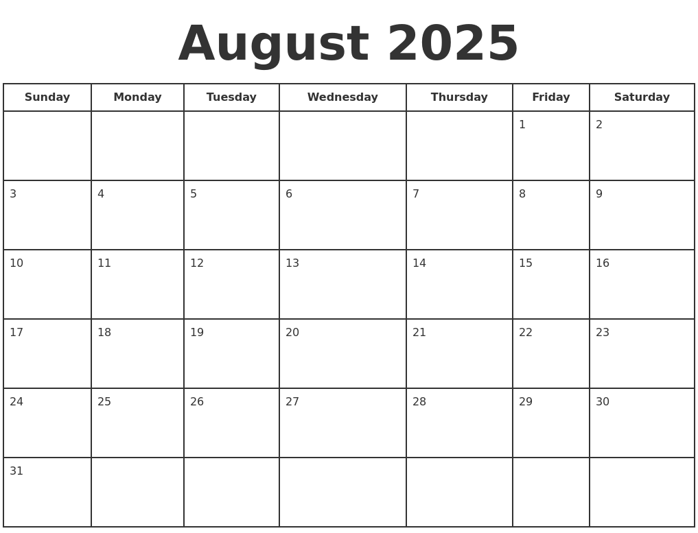 Printable Calendar August 2025 To August 2025