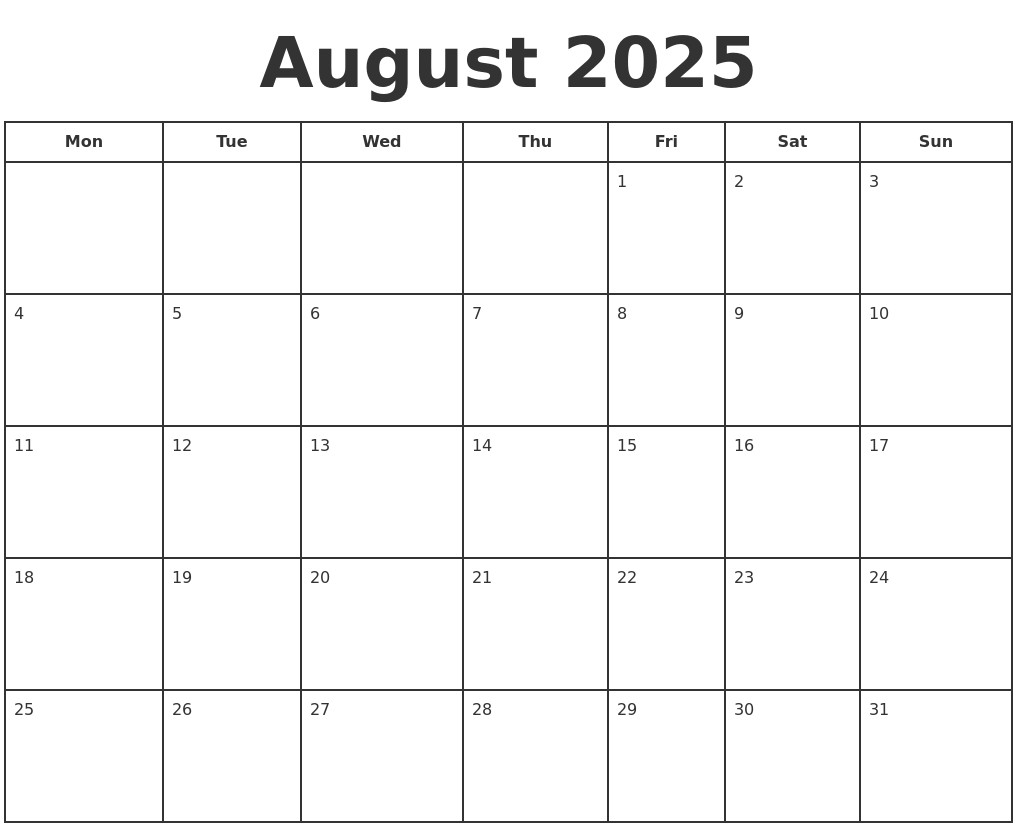 August 2025 Print A Calendar