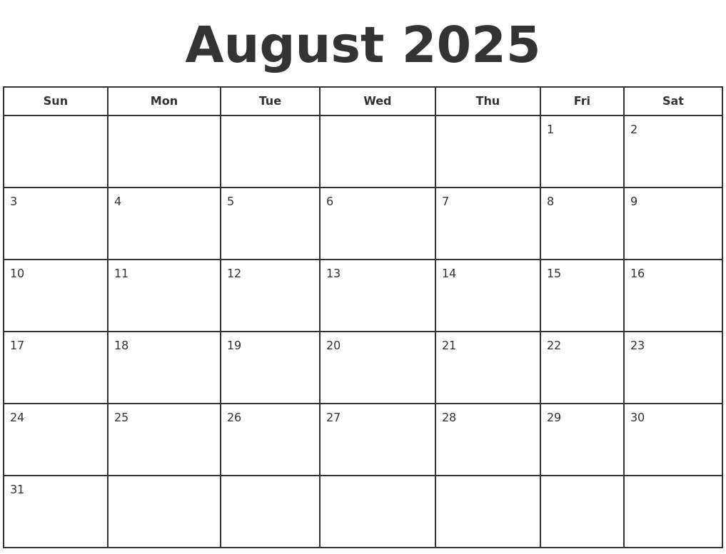 August 2025 Print A Calendar