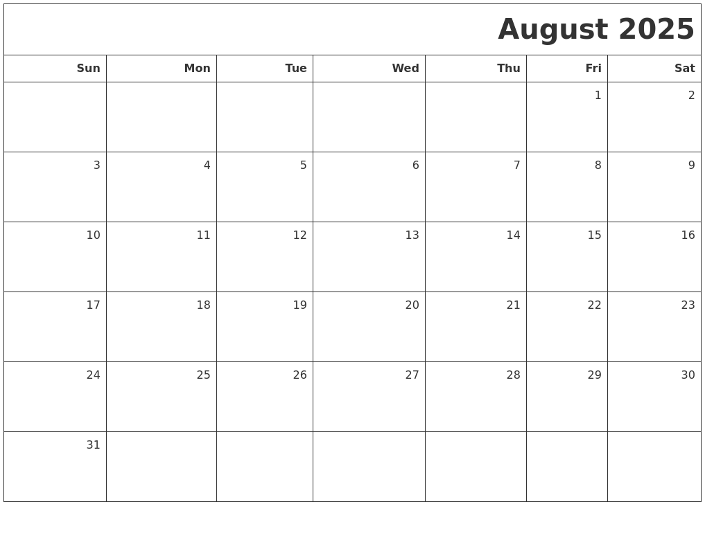 August 2025 Printable Blank Calendar