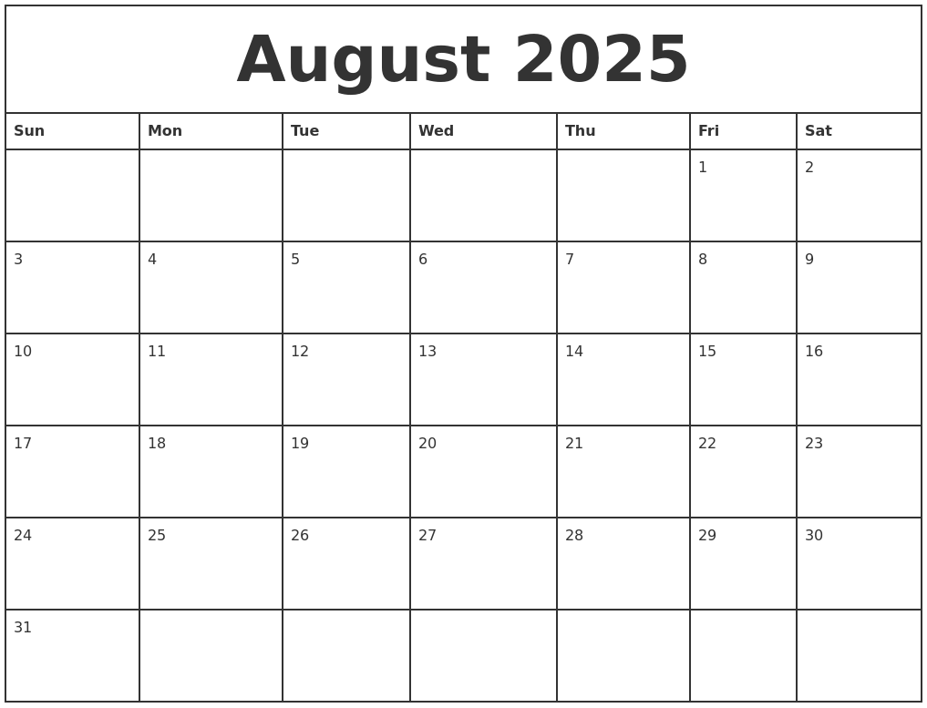 August 2025 Printable Monthly Calendar