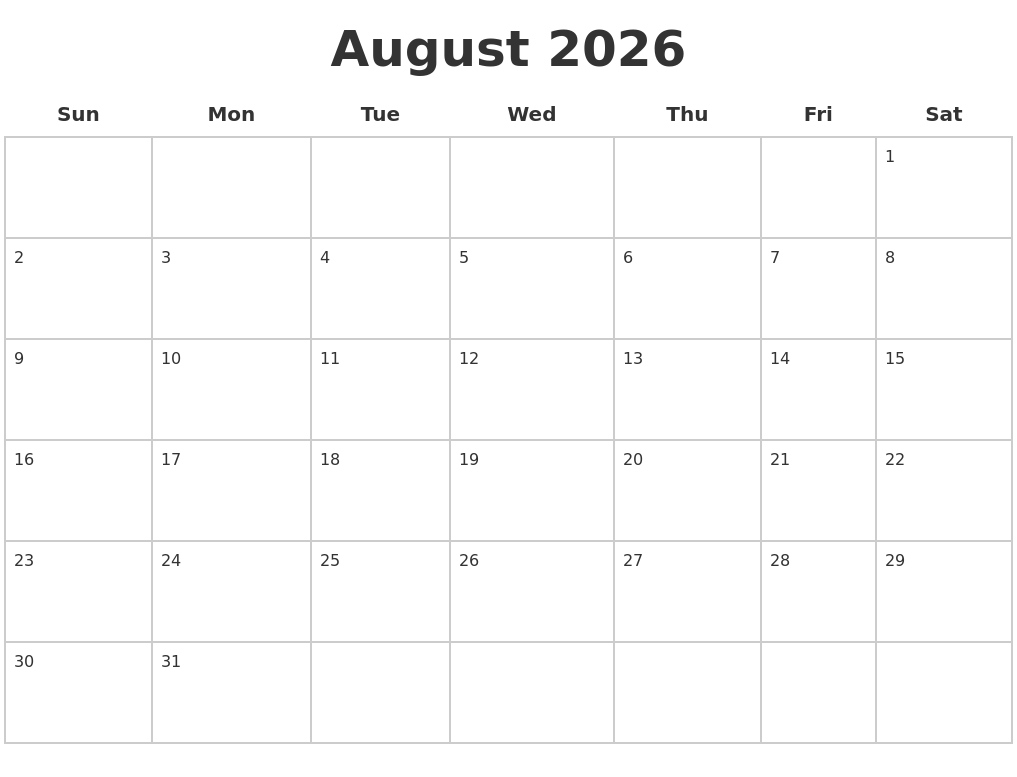 August 2026 Blank Calendar Pages