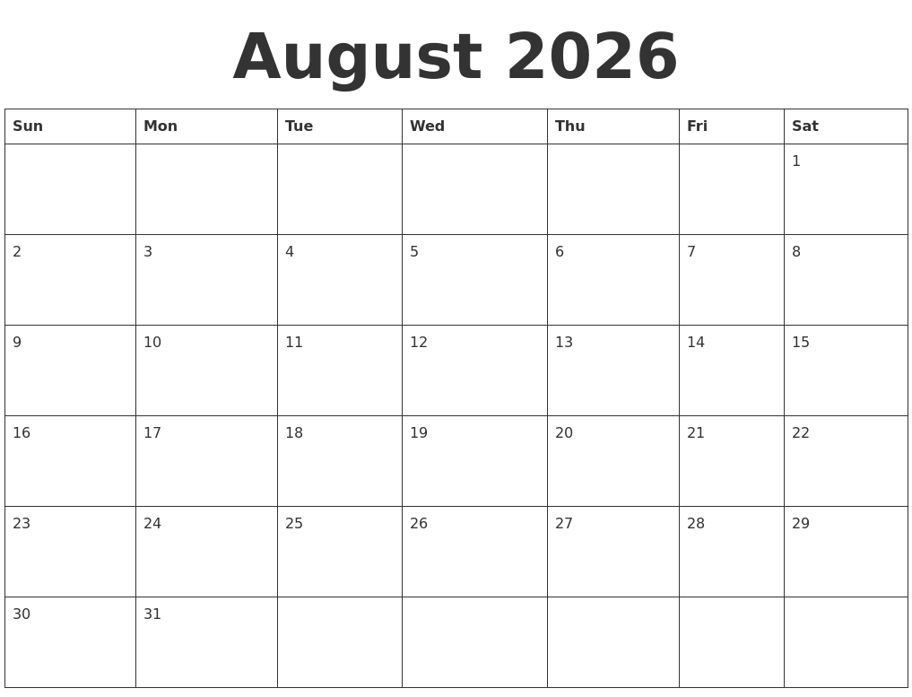 August 2026 Blank Calendar Template