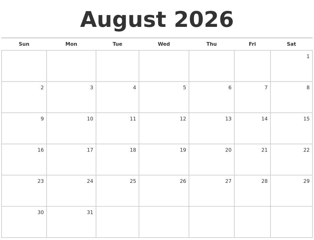 August 2026 Blank Monthly Calendar