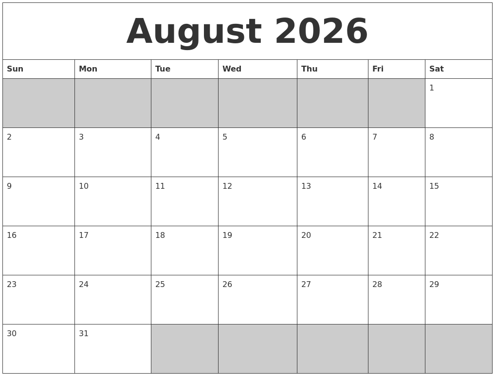 August 2026 Blank Printable Calendar