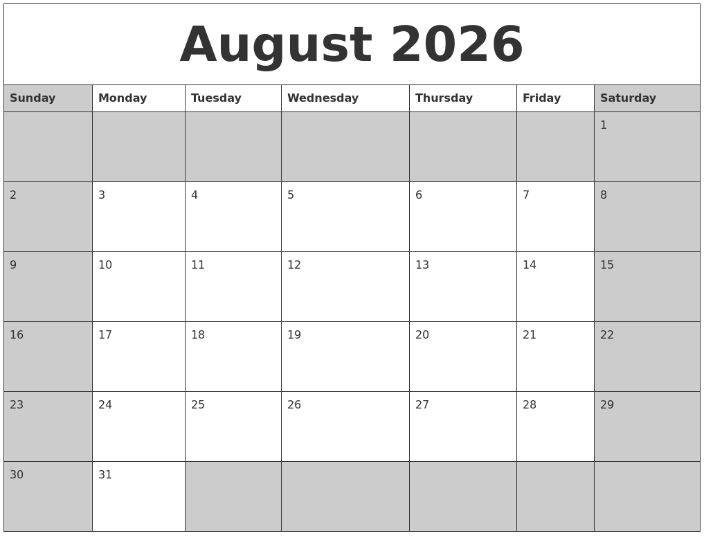 August 2026 Calanders