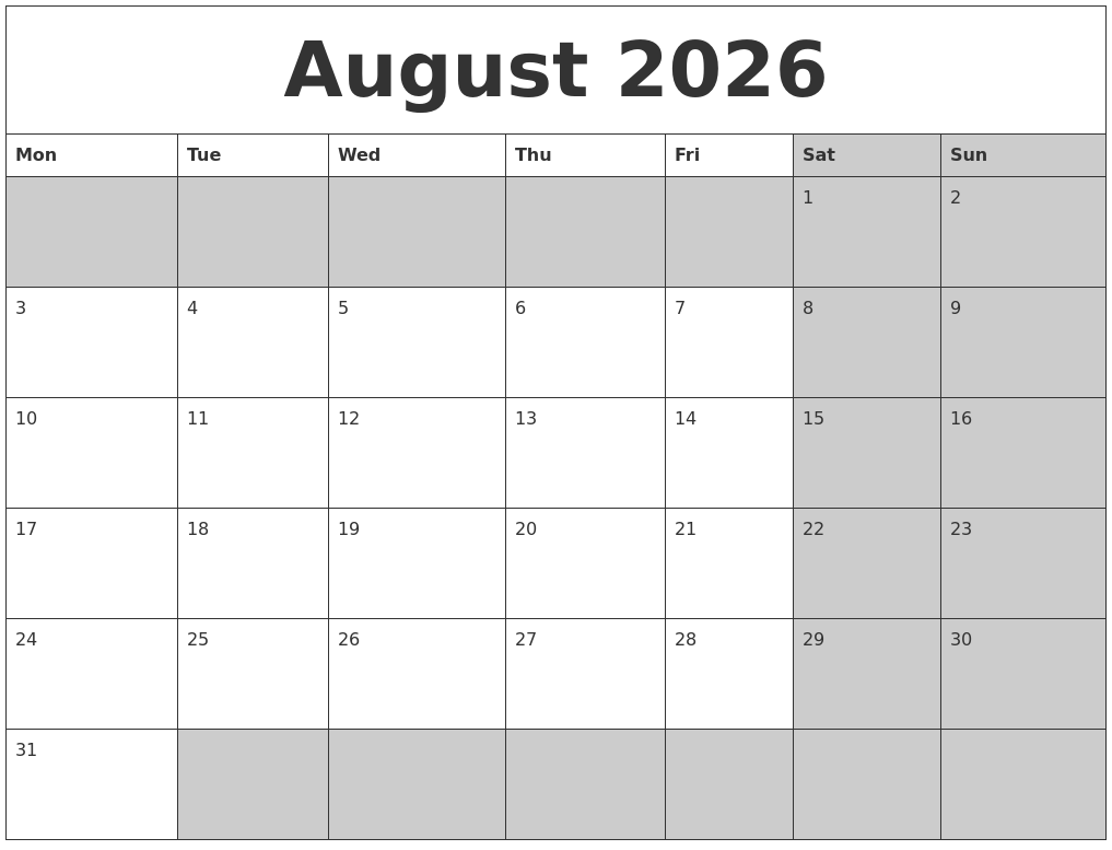 August 2026 Calanders