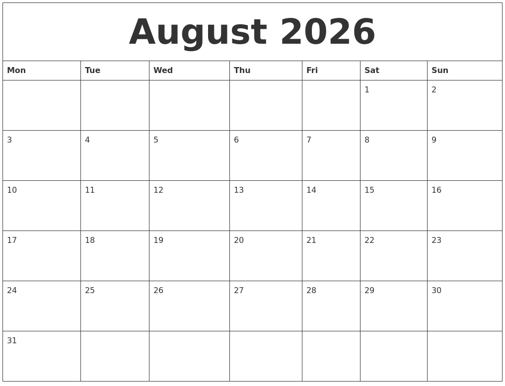 August 2026 Calendar Monthly