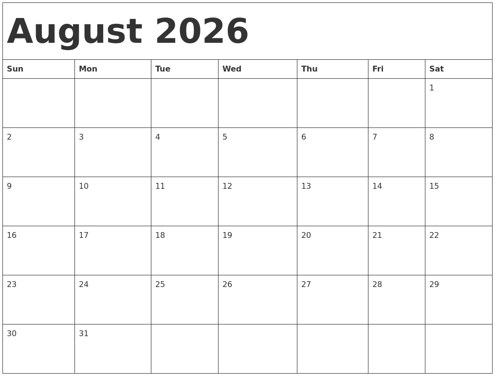 August 2026 Calendar Template