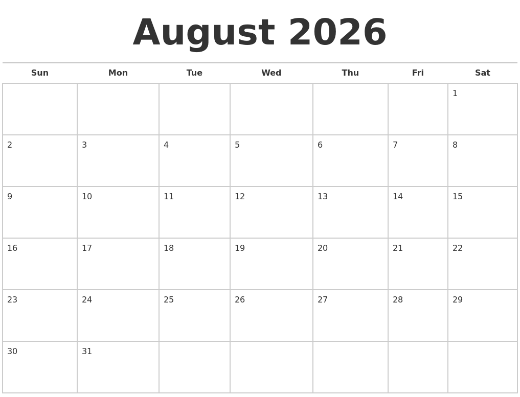 August 2026 Calendars Free