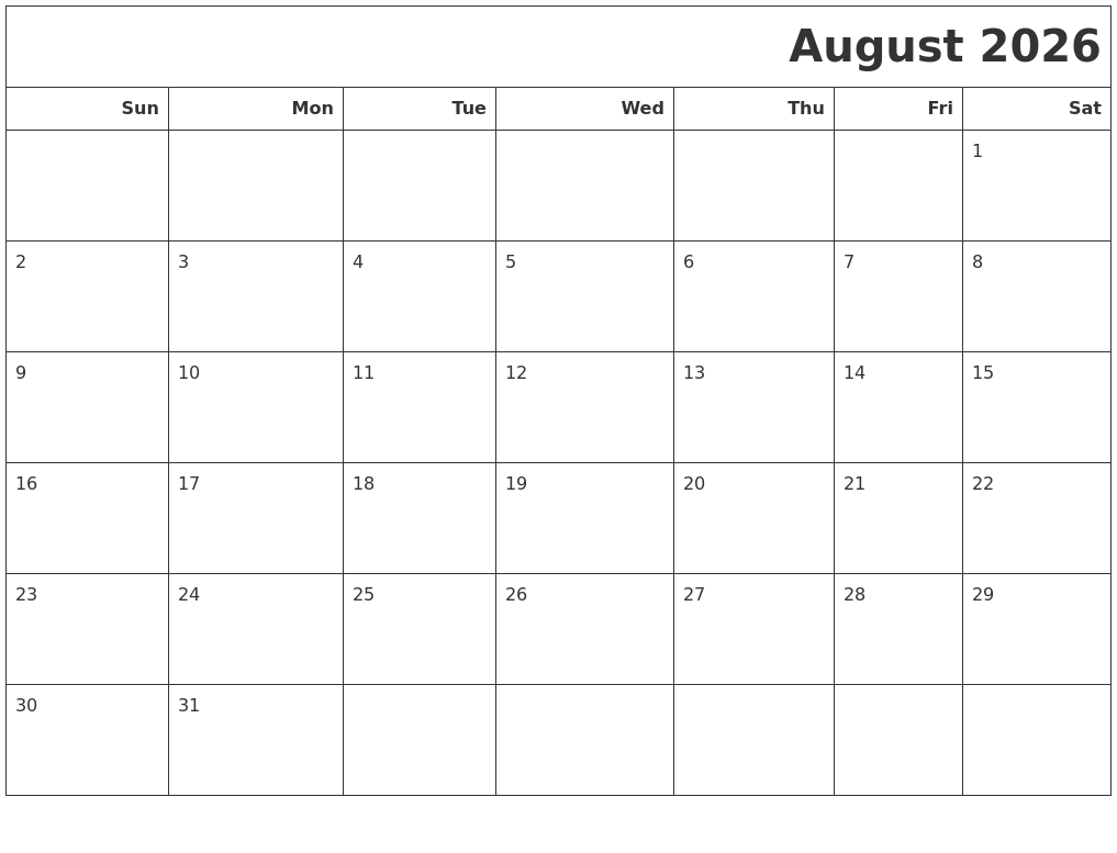 August 2026 Calendars To Print