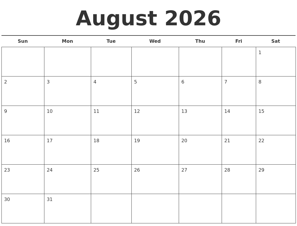 August 2026 Free Calendar Template