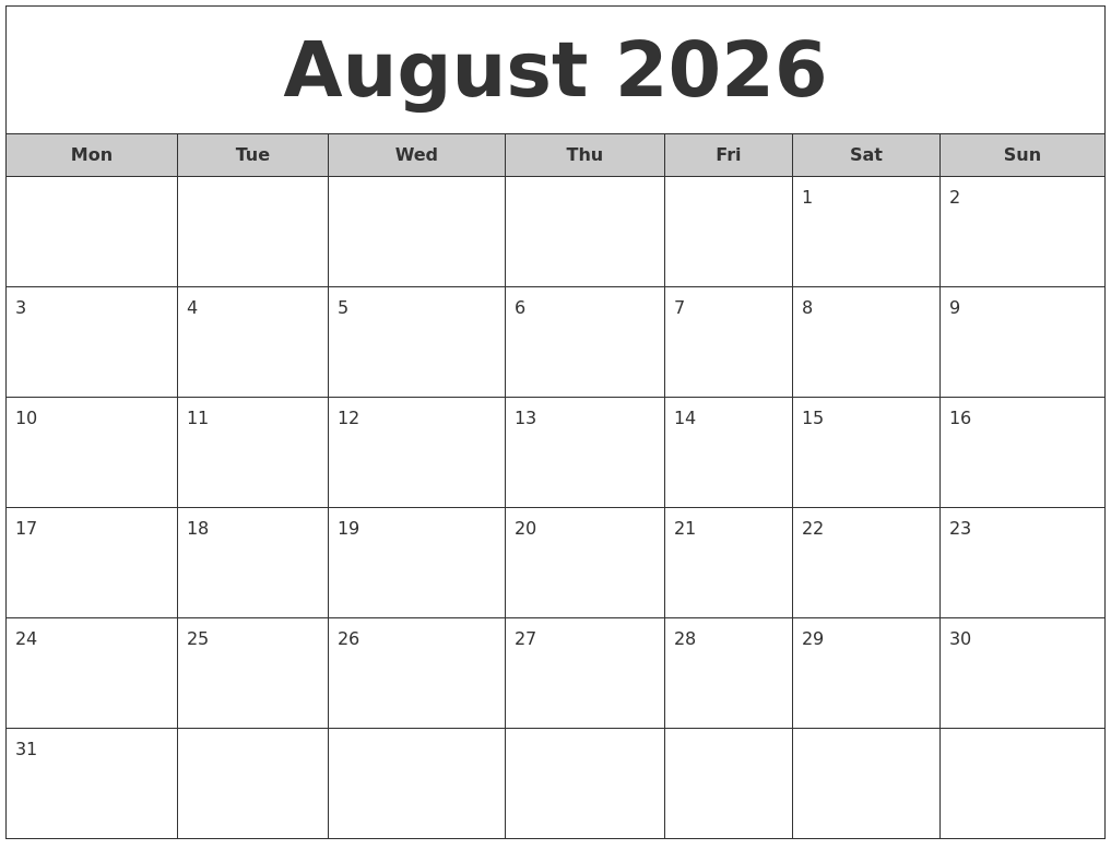 August 2026 Free Monthly Calendar