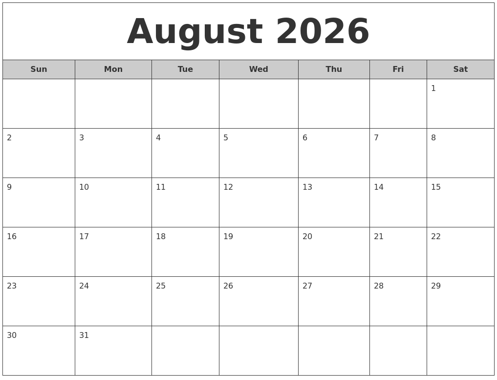 August 2026 Free Monthly Calendar