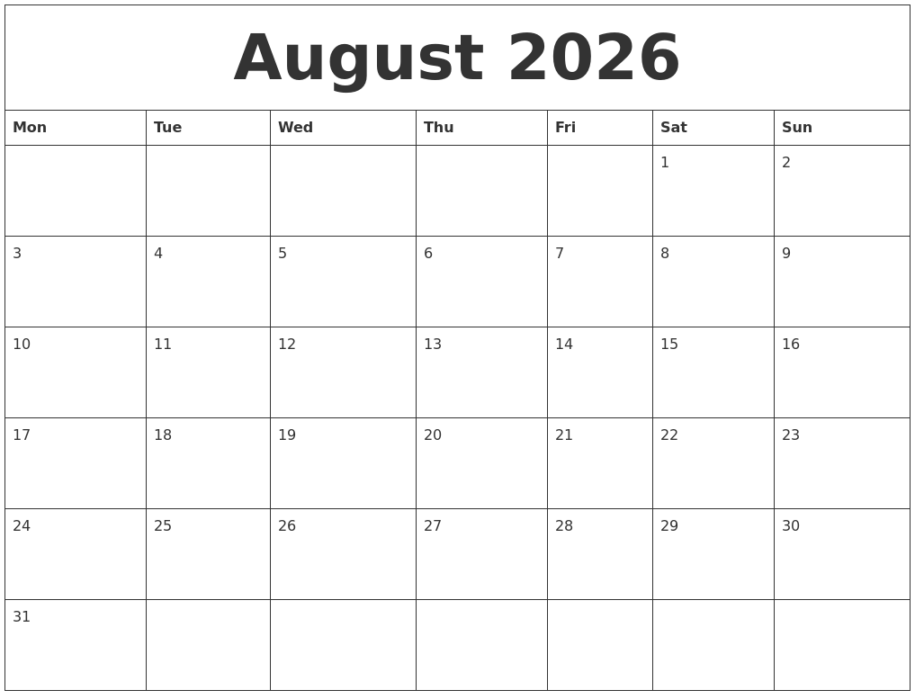 August 2026 Free Online Calendar