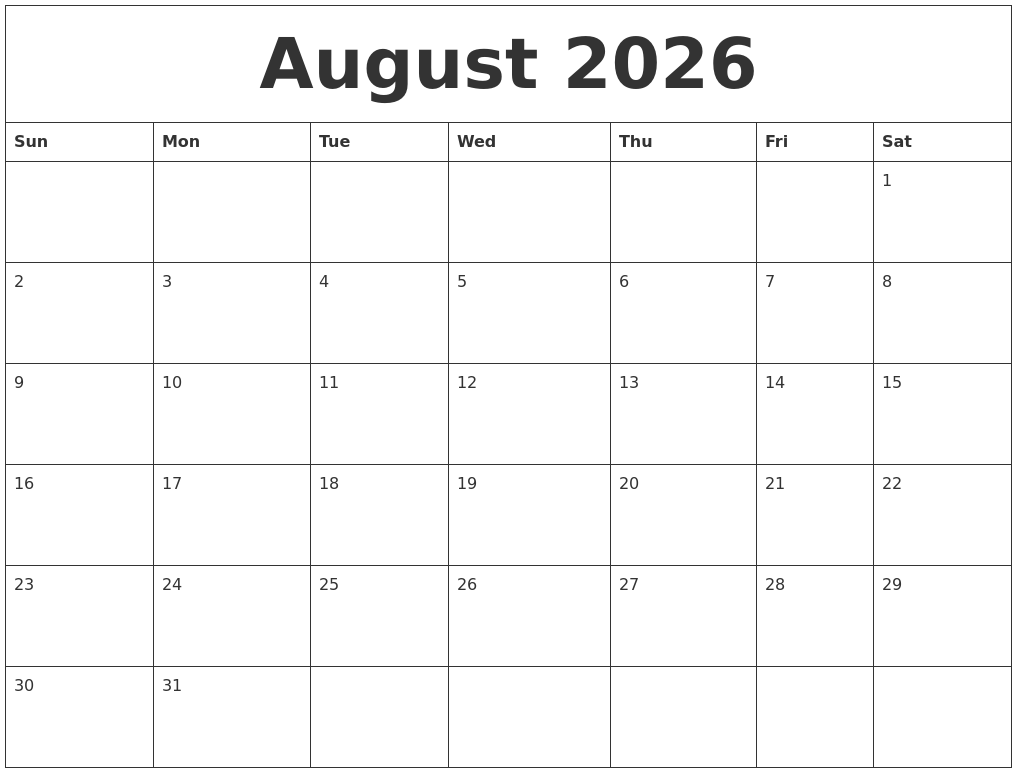 August 2026 Free Printable Monthly Calendar