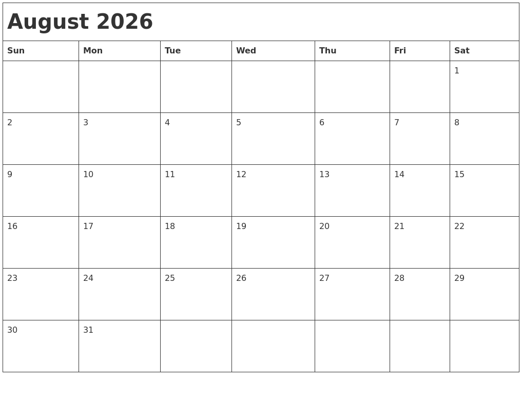 August 2026 Month Calendar
