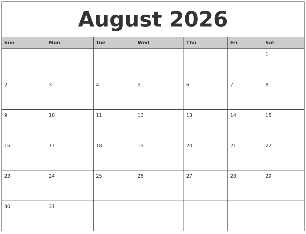 August 2026 Monthly Calendar Printable