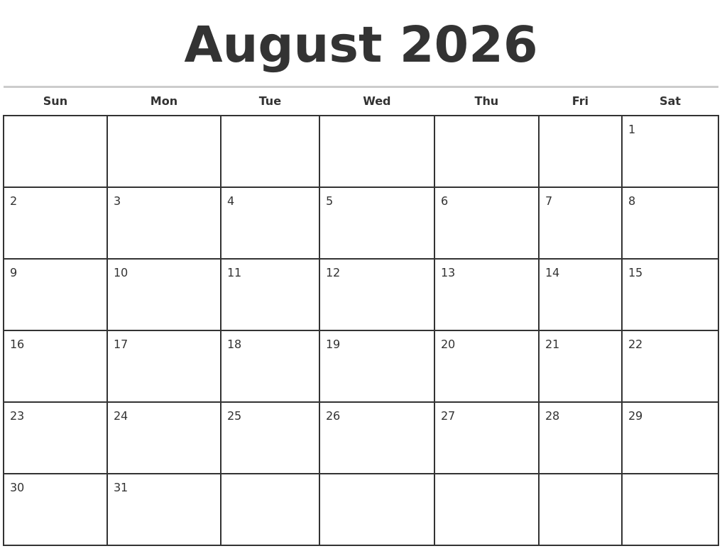 August 2026 Monthly Calendar Template