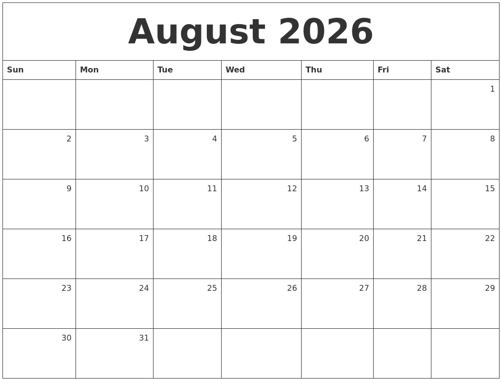 August 2026 Monthly Calendar