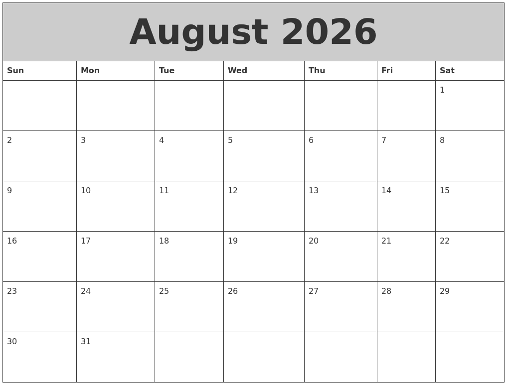 August 2026 My Calendar
