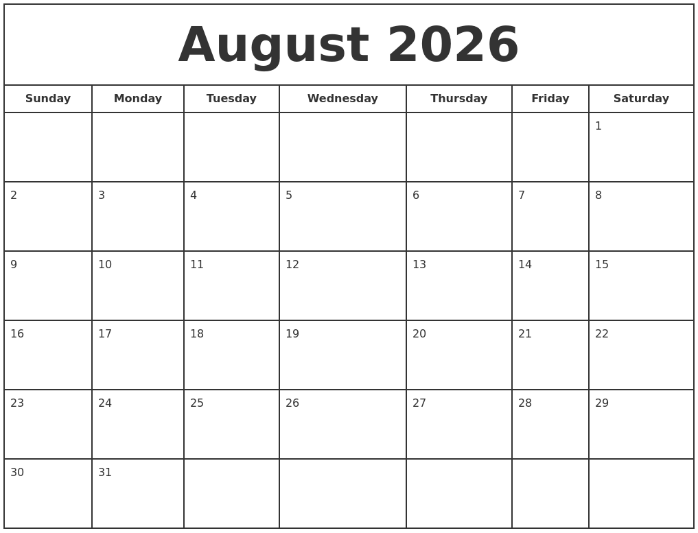 August 2026 Print Free Calendar