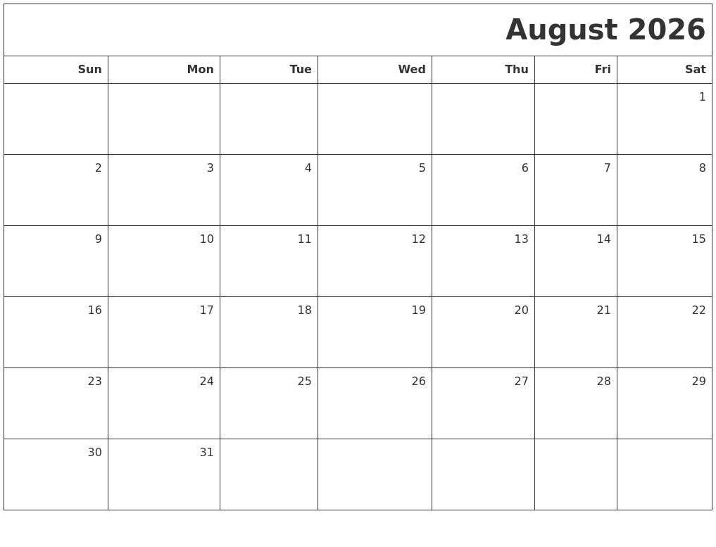 August 2026 Printable Blank Calendar