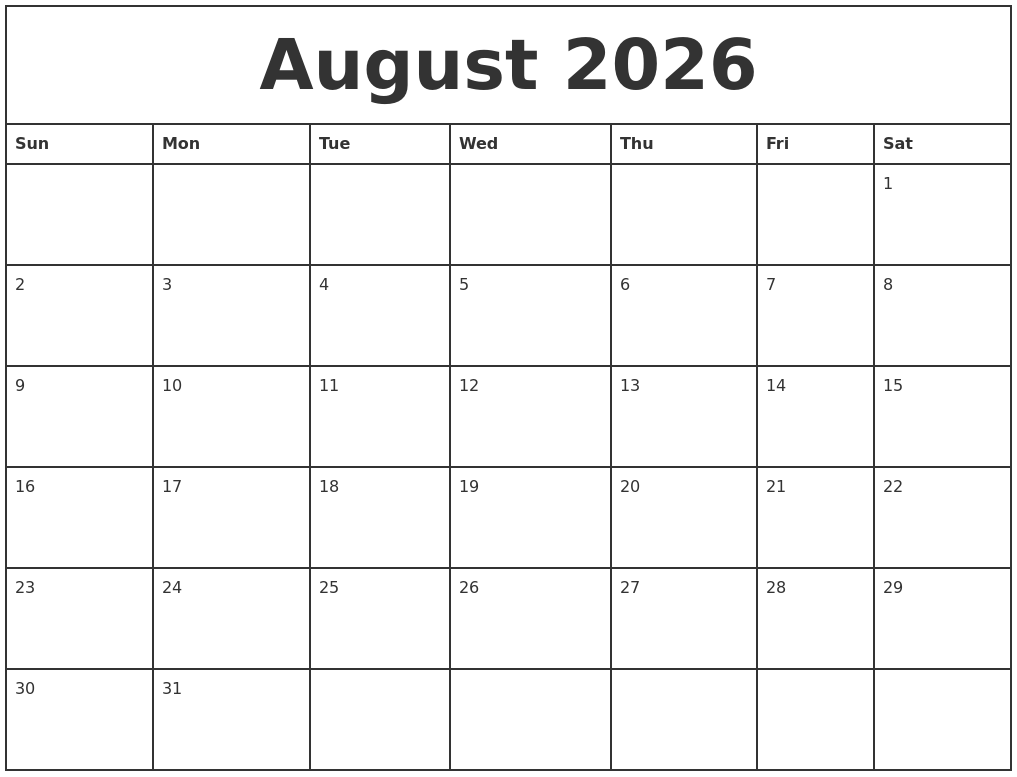 August 2026 Printable Monthly Calendar