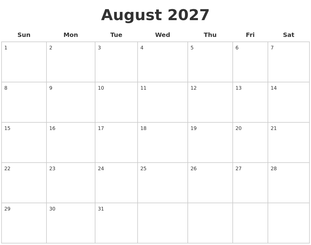 August 2027 Blank Calendar Pages