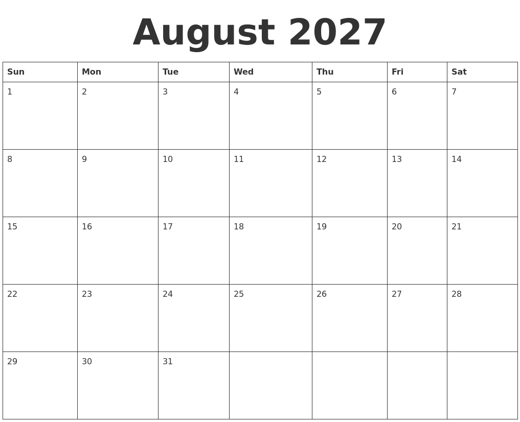 August 2027 Blank Calendar Template