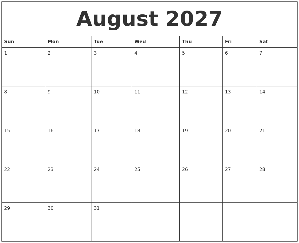 August 2027 Blank Monthly Calendar Pdf
