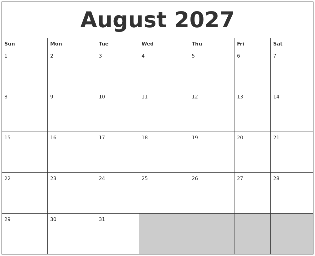 August 2027 Blank Printable Calendar