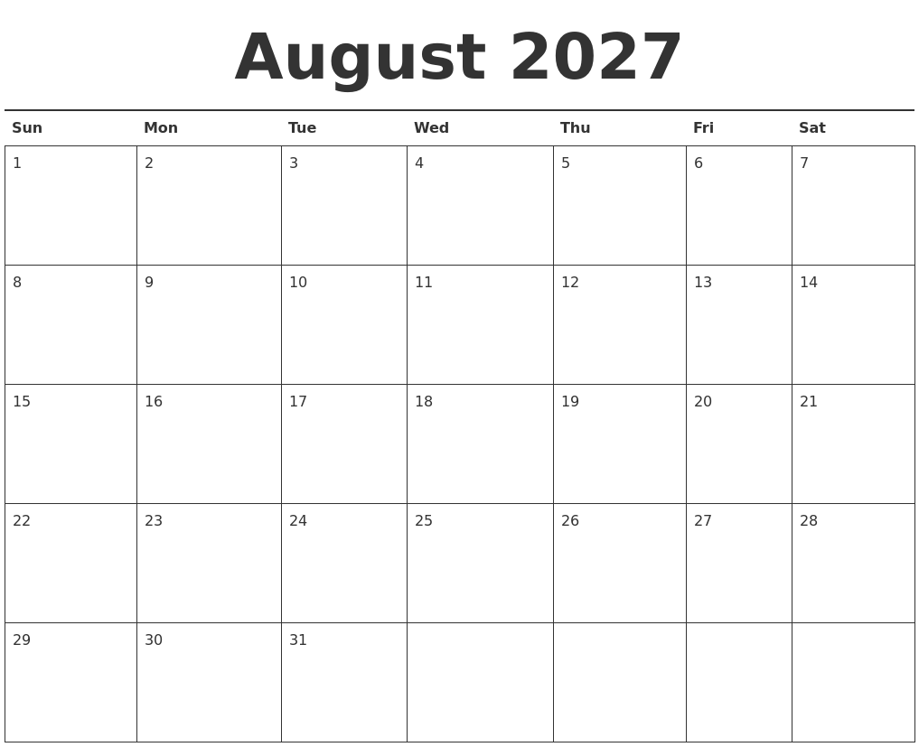 August 2027 Calendar Printable