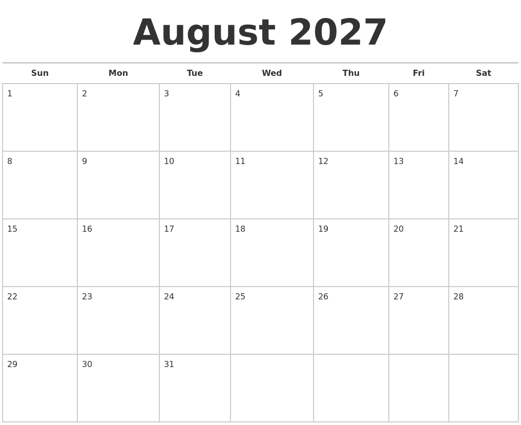August 2027 Calendars Free