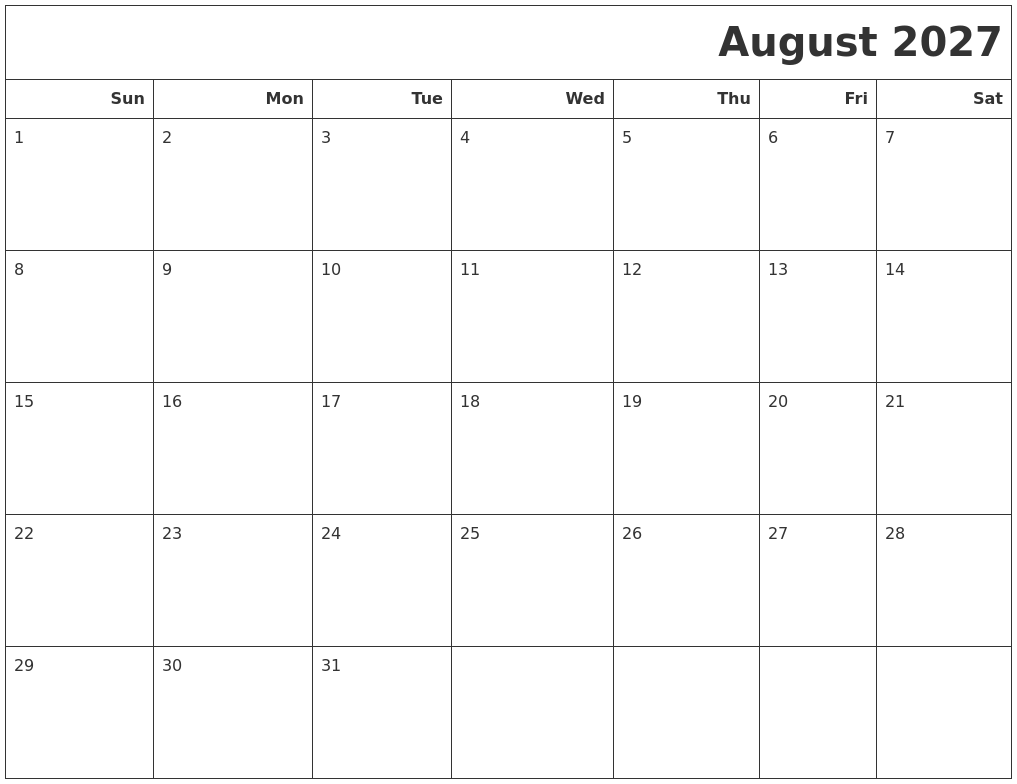 August 2027 Calendars To Print