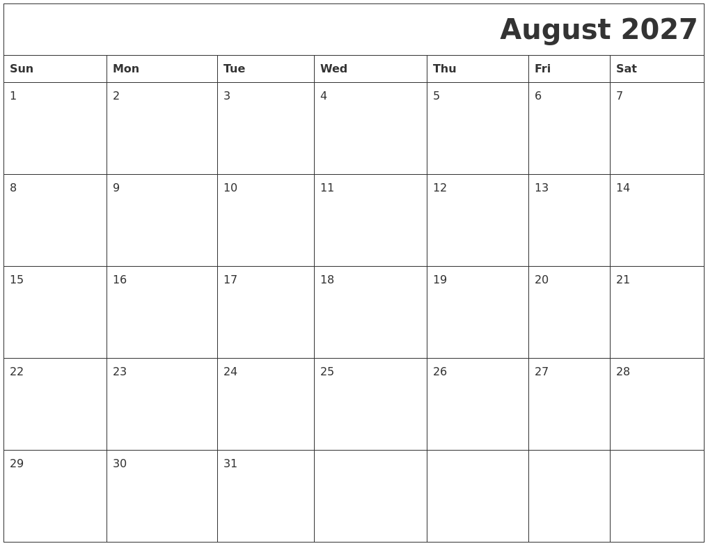 August 2027 Download Calendar