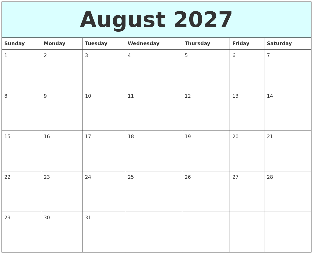 August 2027 Free Calendar