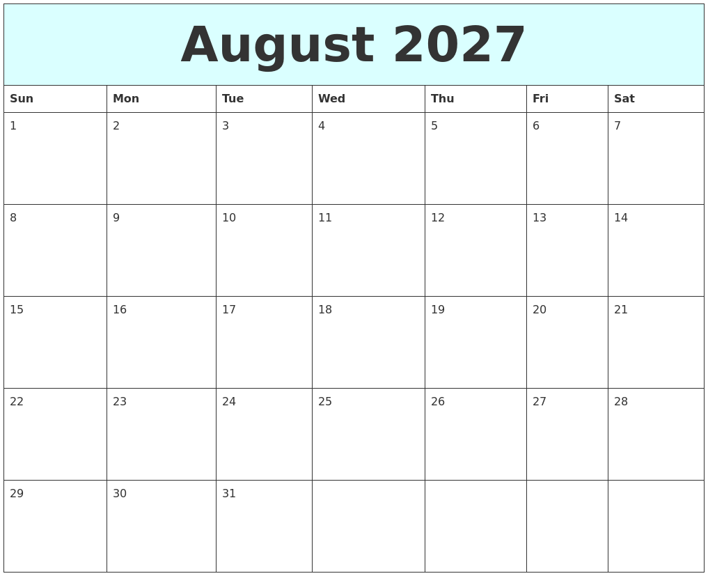 August 2027 Free Calendar