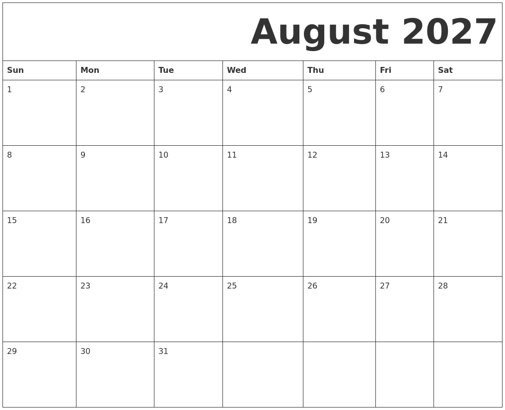 August 2027 Free Printable Calendar