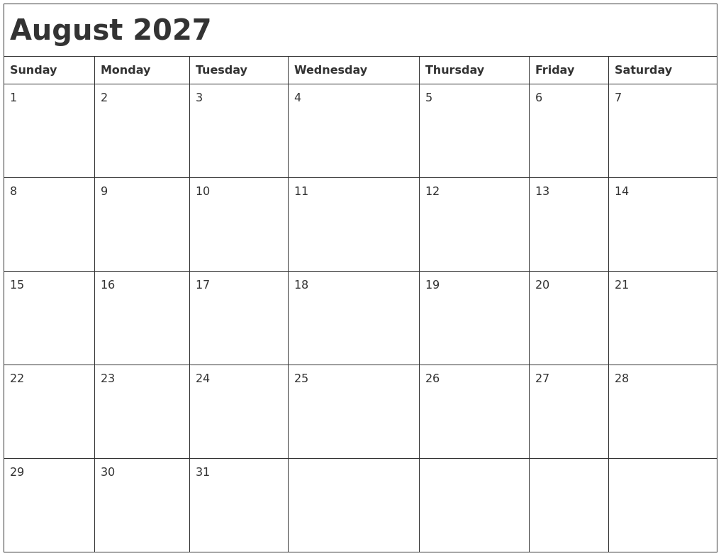 August 2027 Month Calendar