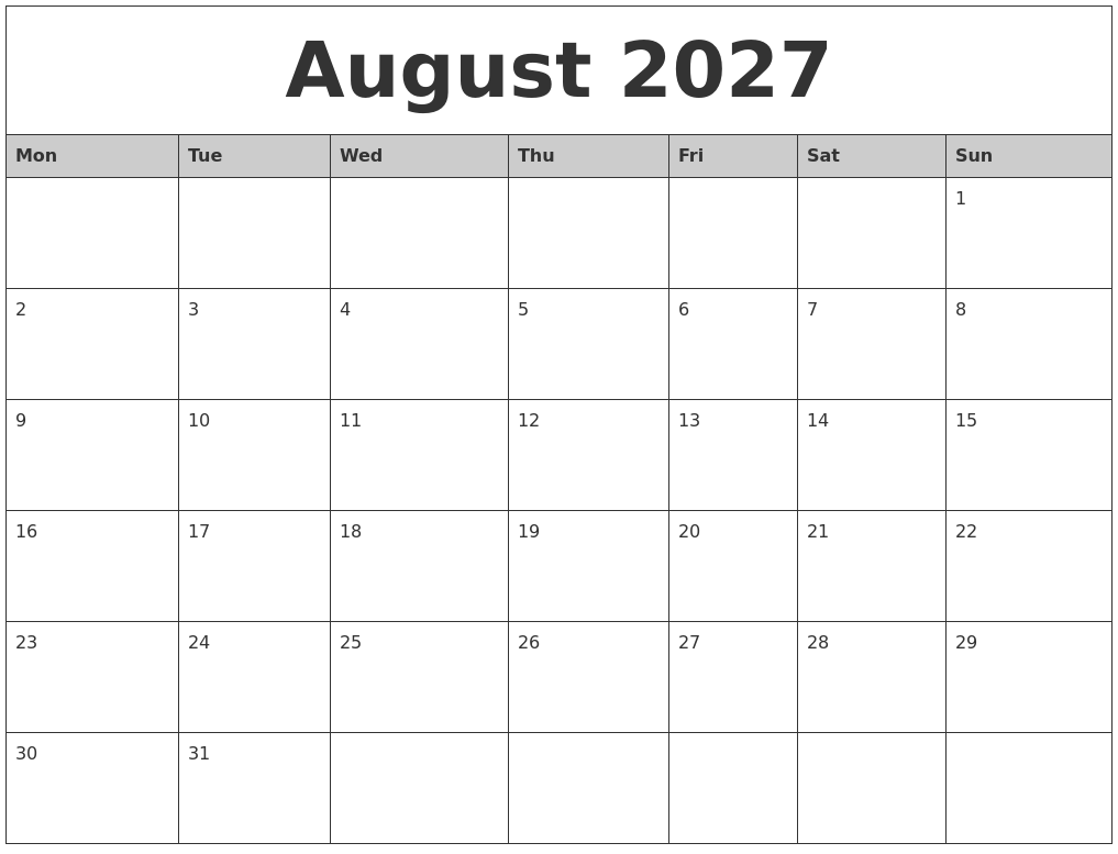 August 2027 Monthly Calendar Printable